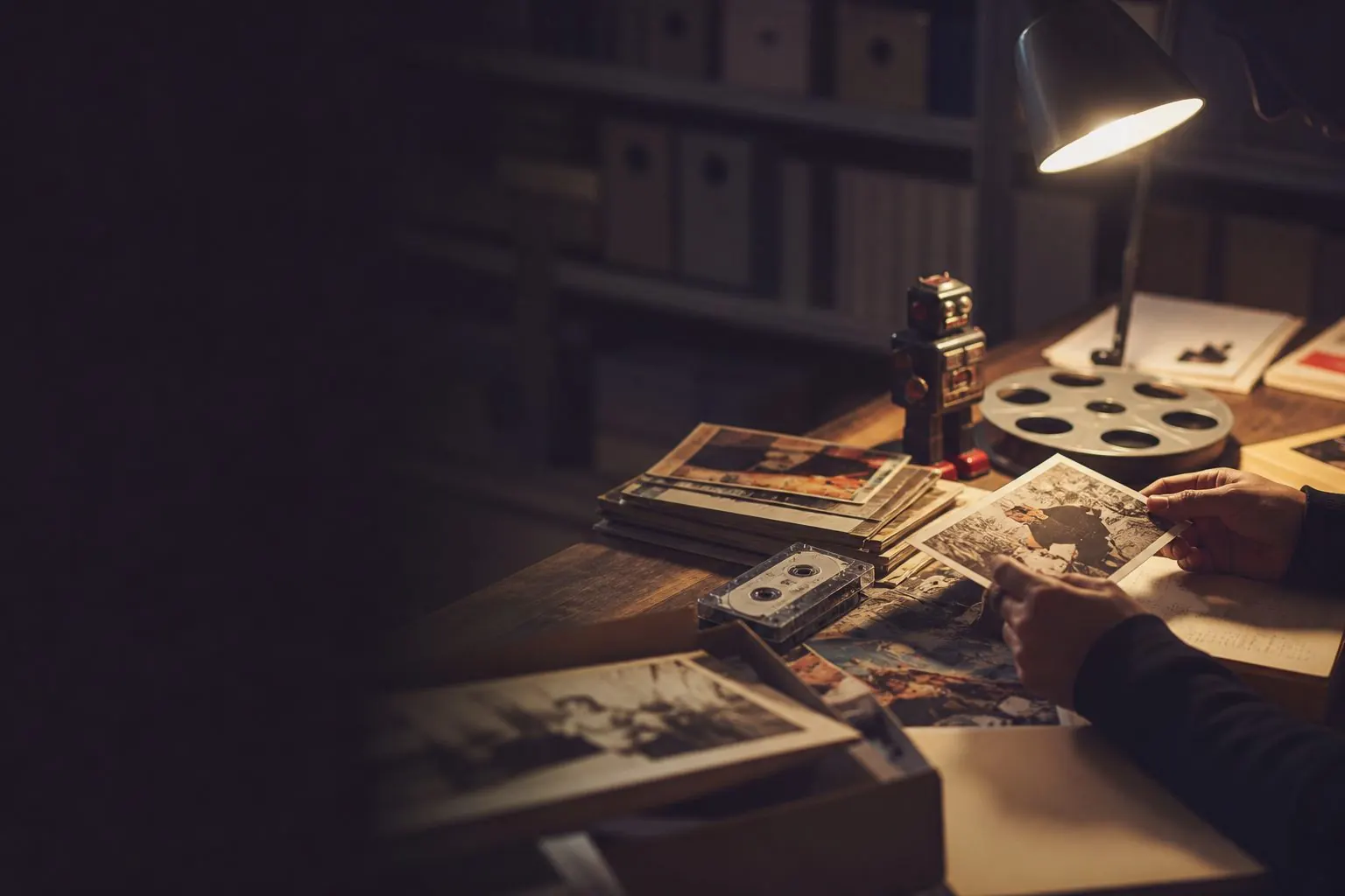 Illustration éditoriale : Table d’archives avec objets, magazines et photographies de culture populaire