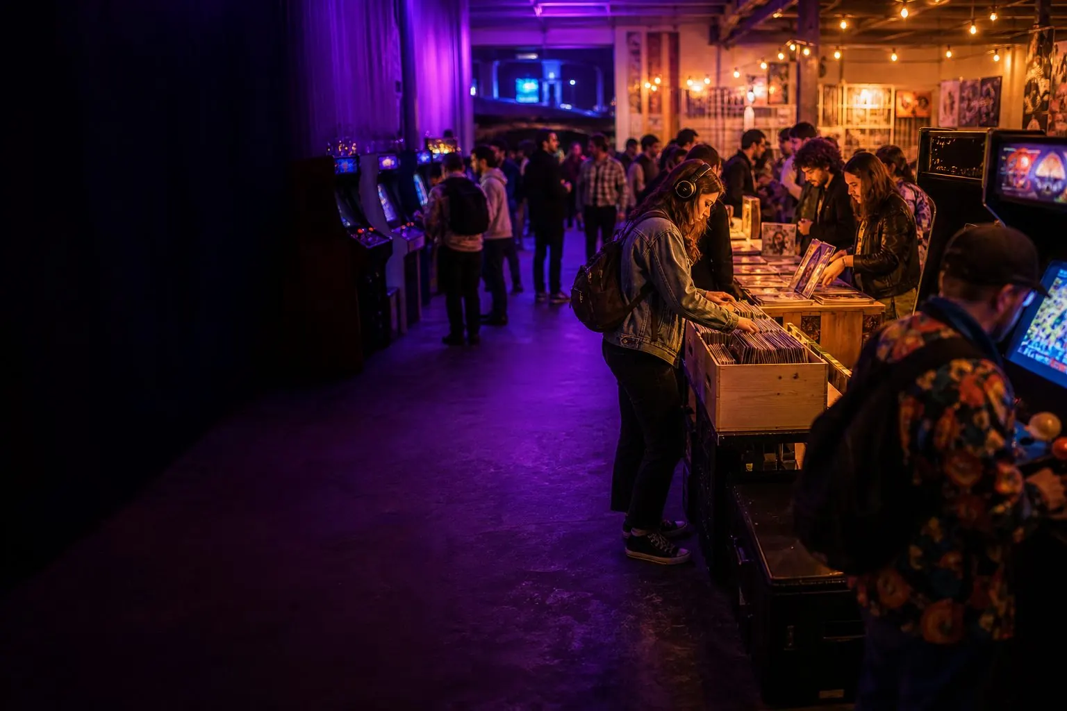 Illustration éditoriale : Visiteurs découvrant une convention pop culture avec bornes de jeu et vinyles