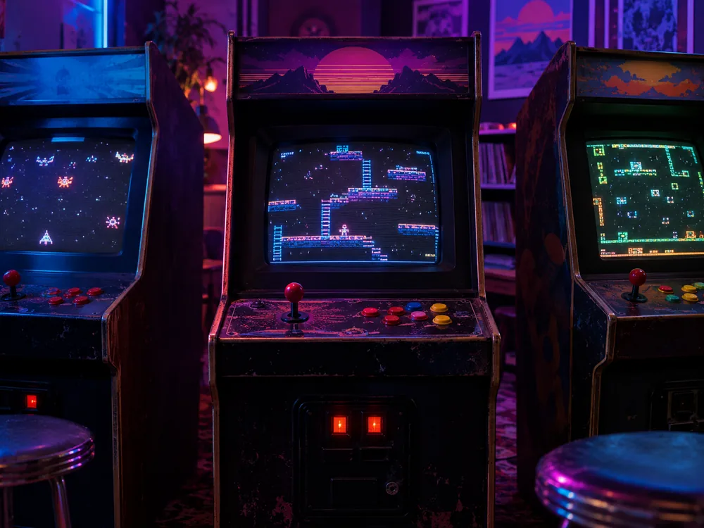 Illustration éditoriale de bornes d’arcade dans une salle éclairée de néons