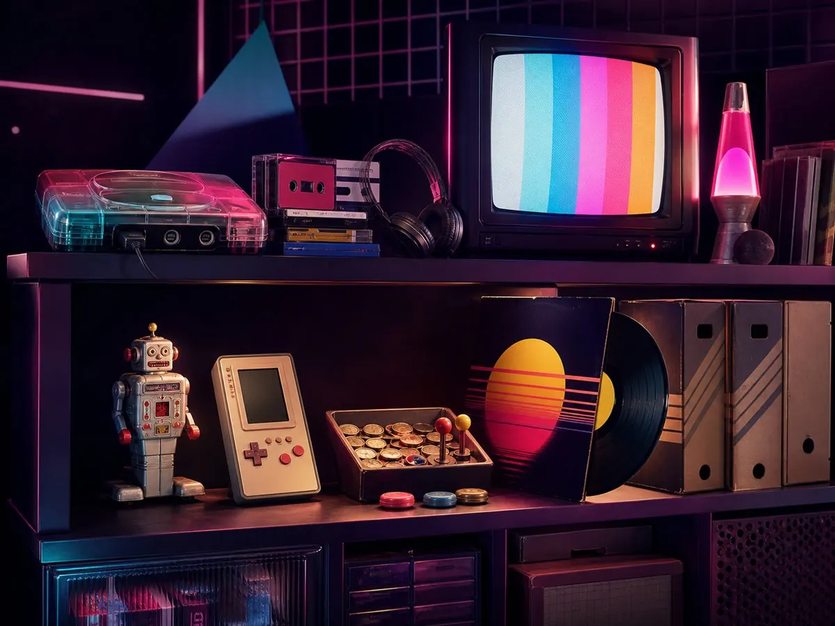 Illustration éditoriale : Vitrine rétro originale réunissant console, cassette, vinyle, robot et télévision cathodique