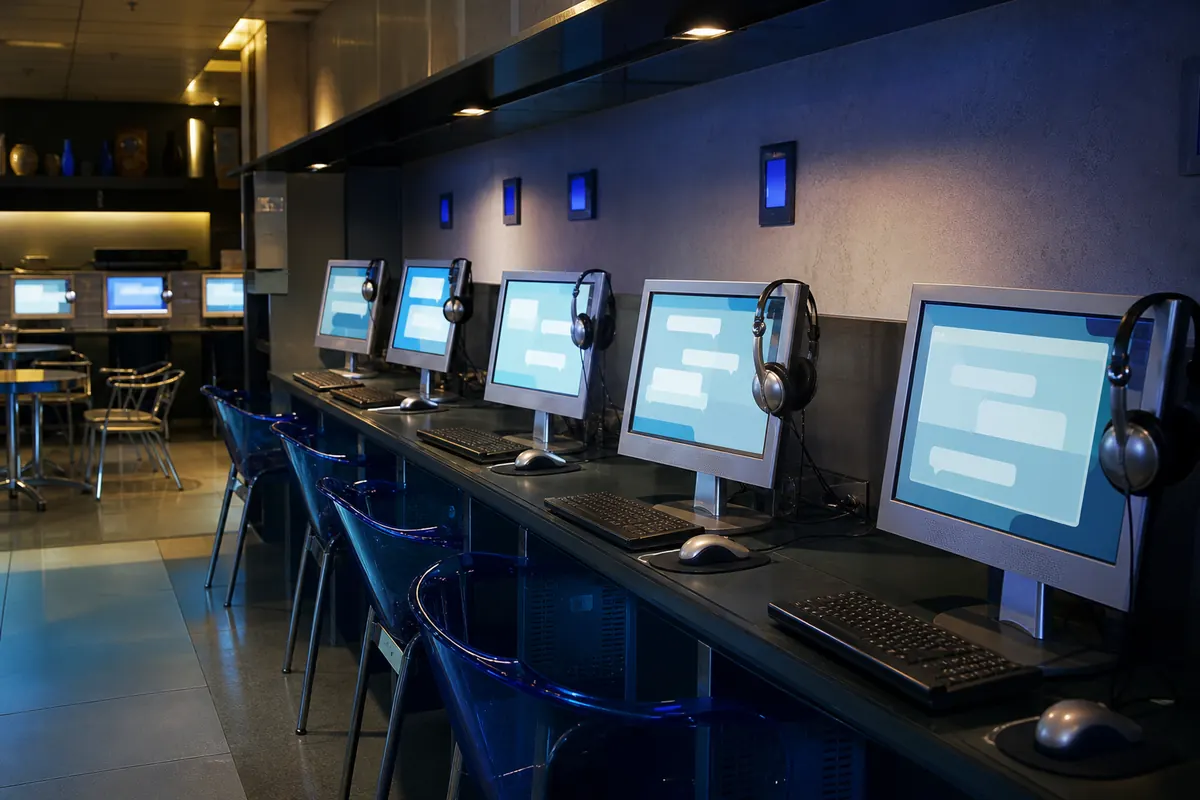 Illustration éditoriale : Rangée d’ordinateurs et de casques dans un cybercafé des années 2000