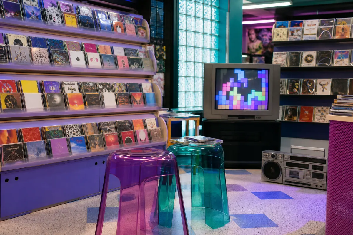 Illustration éditoriale : Disquaire coloré avec boîtiers CD, radio portable et écran des années 1990