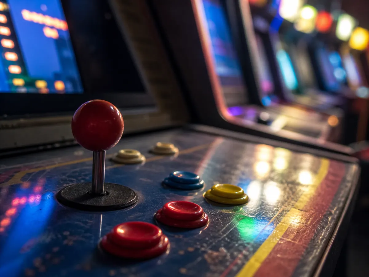 Illustration éditoriale : Joystick rouge et boutons colorés sur un panneau d’arcade patiné