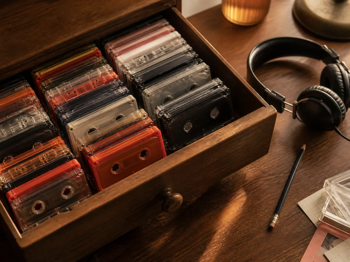 Illustration éditoriale : Cassettes audio translucides classées dans un tiroir avec casque et crayon