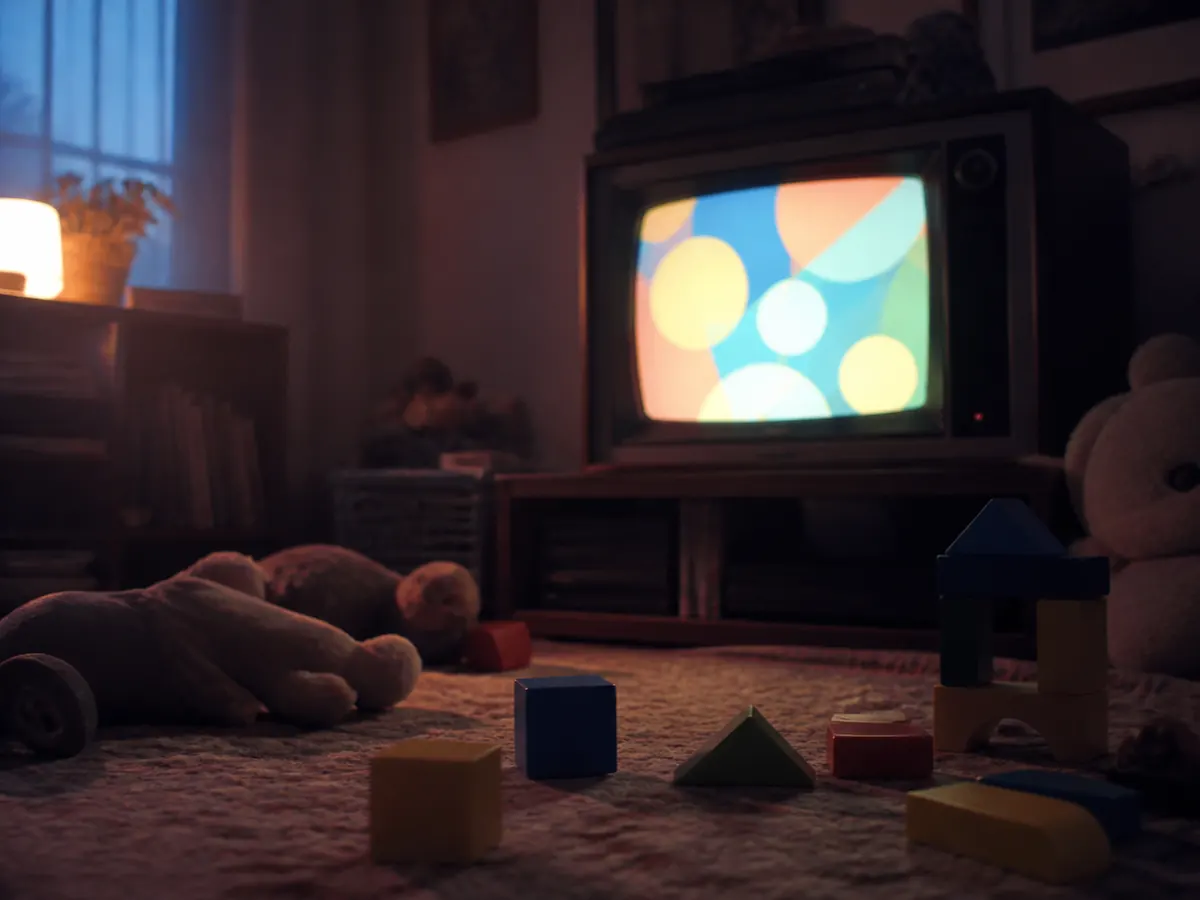 Illustration éditoriale : Télévision cathodique éclairant des jouets sur un tapis au début de la soirée