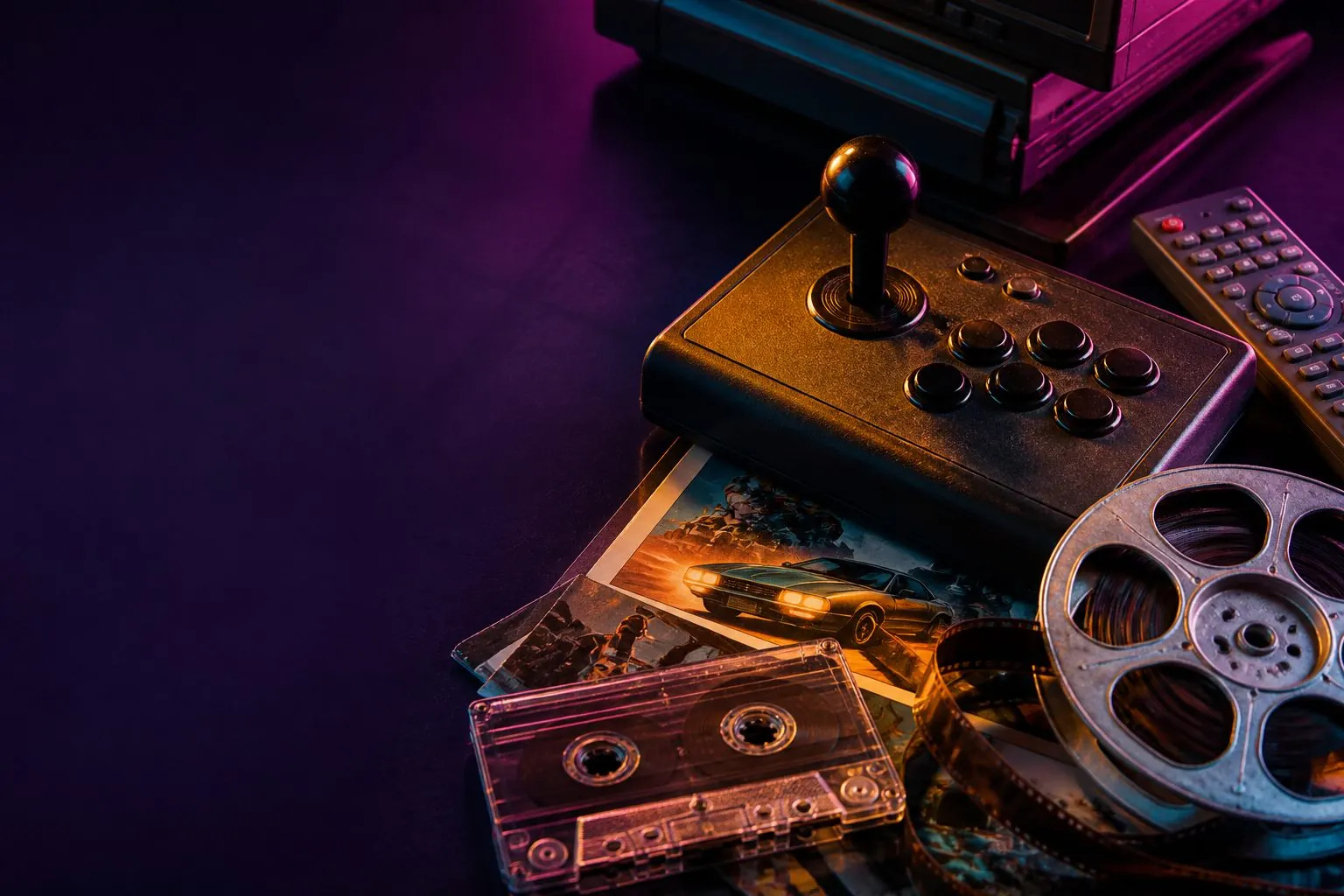 Illustration éditoriale : Objets liés aux jeux vidéo, à la musique et au cinéma sur un bureau