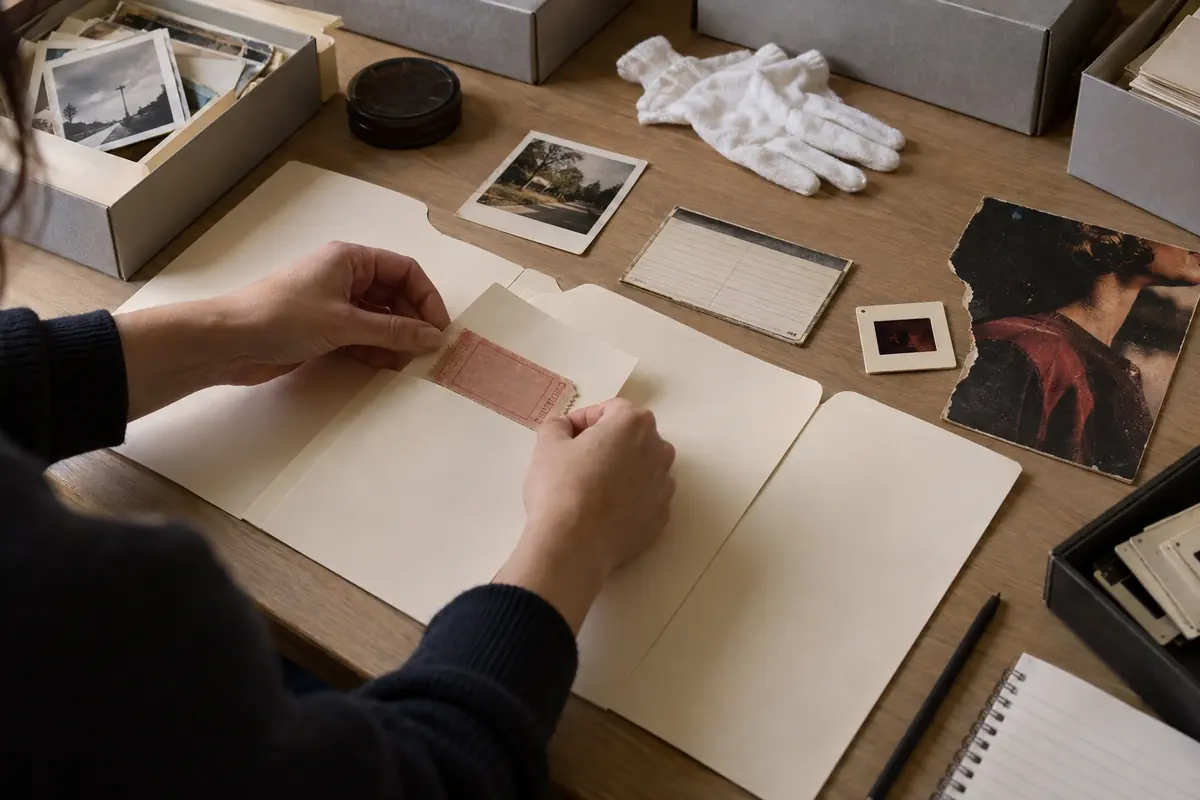 Illustration éditoriale : Des mains classent des photographies, une diapositive et des documents de culture populaire dans des pochettes d’archives