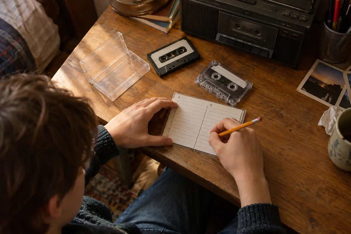 Illustration éditoriale : Une personne prépare à la main la liste des morceaux d’une mixtape près d’un magnétocassette