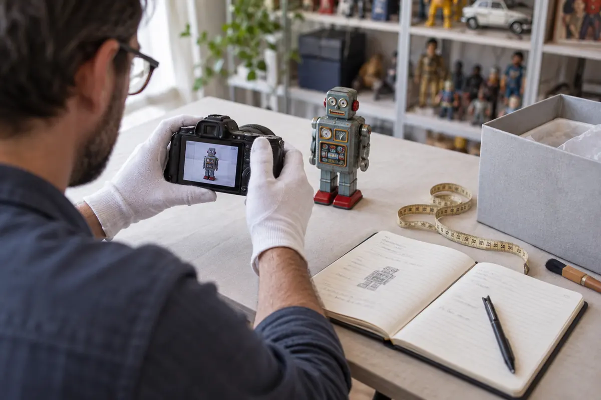 Illustration éditoriale : Un collectionneur ganté photographie et documente un jouet robot ancien sur une table de travail