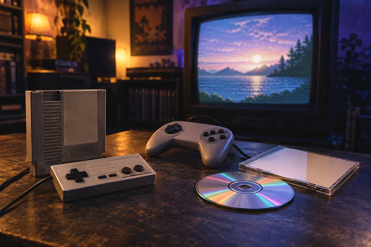 Illustration éditoriale de consoles et disques optiques évoquant les usages du cinéma et du jeu à domicile