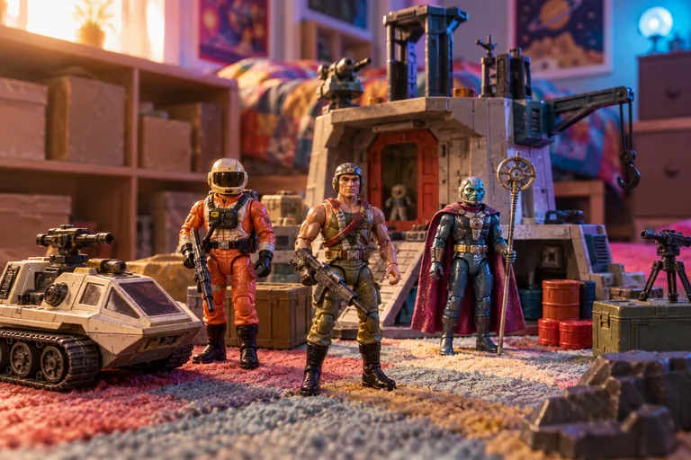 Illustration éditoriale : Figurines rétro et boîtes de jouets exposées sur une étagère