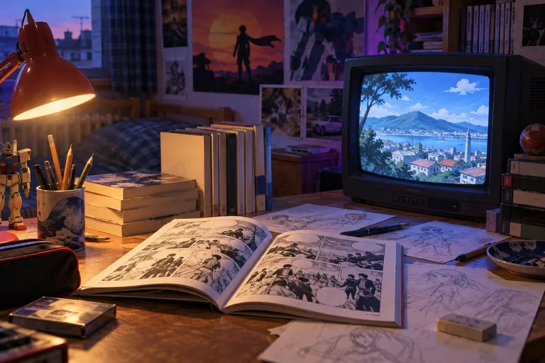 Illustration éditoriale : Livres de manga, télévision et objets d’animation dans un salon