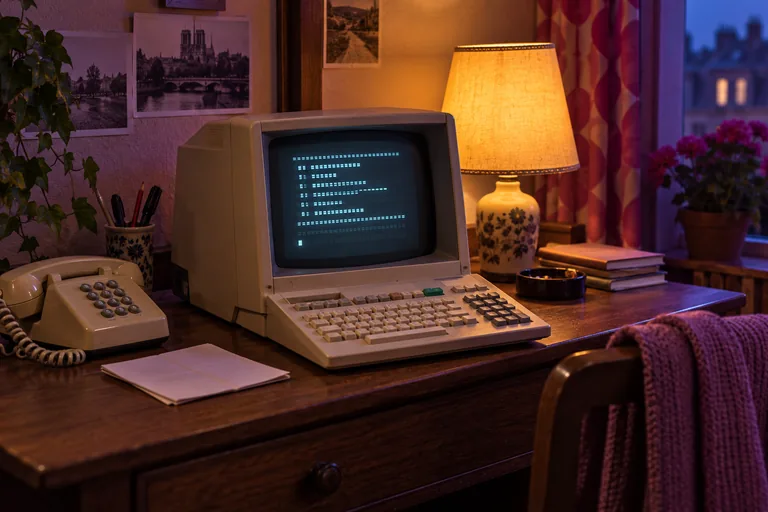Reconstitution illustrative IA d’un terminal inspiré du Minitel, avec téléphone et carnet sur un bureau des années 1980