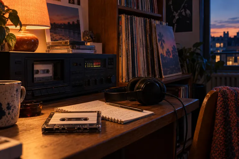 Illustration éditoriale d’une écoute musicale domestique sur cassette, utilisée pour comparer compilation matérielle et playlist numérique