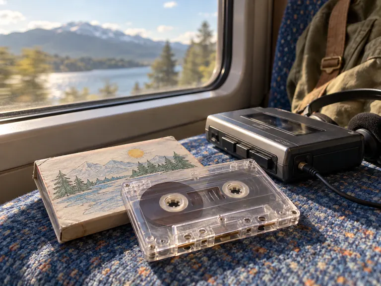 Illustration éditoriale : Cassette et baladeur posés près de la fenêtre dans un train