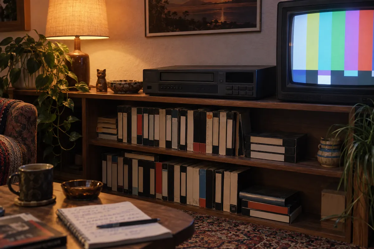 Illustration éditoriale : Magnétoscope, cassettes vidéo et télévision cathodique dans un salon inspiré des années 1980