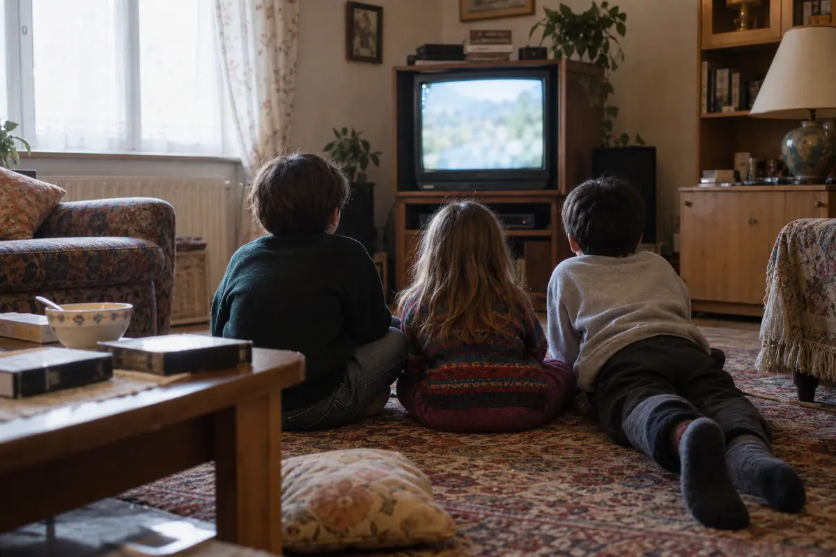 Illustration éditoriale : Trois enfants regardent ensemble un téléviseur cathodique dans un salon familial des années 1990