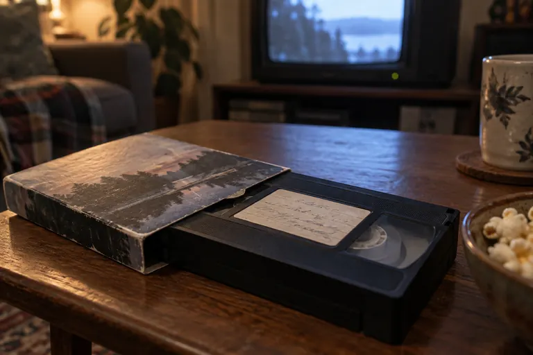 Illustration éditoriale : Magnétoscope, cassettes vidéo et télévision dans un salon