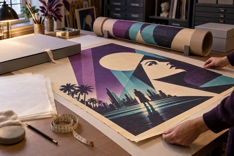Illustration éditoriale : Affiche rétro générique posée à plat sur une table de conservation avec chemises et rouleau protégé