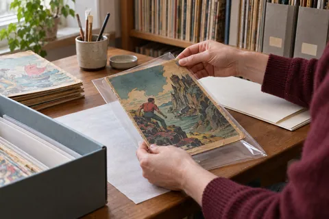 Illustration éditoriale : Mains plaçant une bande dessinée ancienne dans une pochette de conservation sur une table d’archives