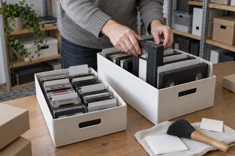 Illustration éditoriale : Mains rangeant verticalement des cassettes audio et VHS dans des boîtes de conservation