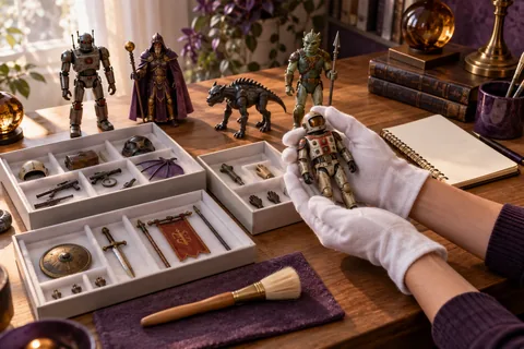 Illustration éditoriale : Figurines et accessoires génériques documentés dans des compartiments de conservation sur une table