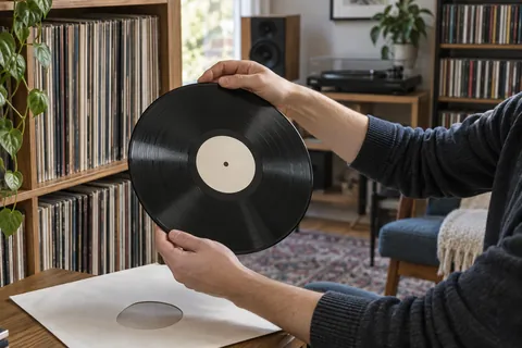 Illustration éditoriale : Collectionneur tenant un disque vinyle par ses bords devant des étagères de disques rangés verticalement