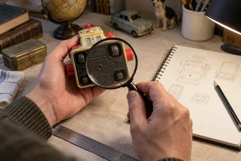 Illustration éditoriale : Personne examinant les marquages sous un jouet robot vintage avec une loupe