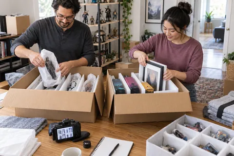 Illustration éditoriale : Deux collectionneurs emballant séparément figurines, boîtes de jeux et cadre dans des cartons compartimentés