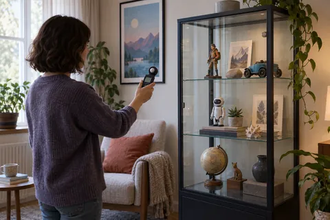 Illustration éditoriale : Collectionneuse mesurant la lumière devant une vitrine domestique placée à distance de la fenêtre