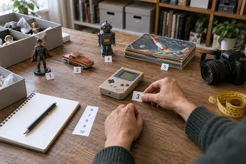 Illustration éditoriale : Collectionneur photographiant et mesurant des objets pop culture pour créer un inventaire