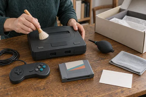 Illustration éditoriale : Dépoussiérage à sec d’une console, d’une manette et d’une cartouche anciennes avant leur rangement