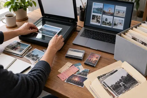 Illustration éditoriale : Scanner, ordinateur, photographies et cassettes préparés pour une séance de numérisation