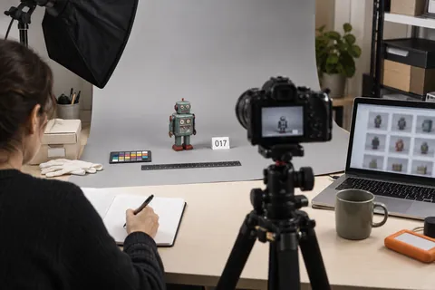Illustration éditoriale : Poste de photographie d’inventaire avec appareil, mire colorée, règle et objet de collection numéroté