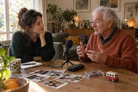 Illustration éditoriale : Entretien enregistré entre deux générations autour de photographies, d’une cassette et d’un jouet ancien