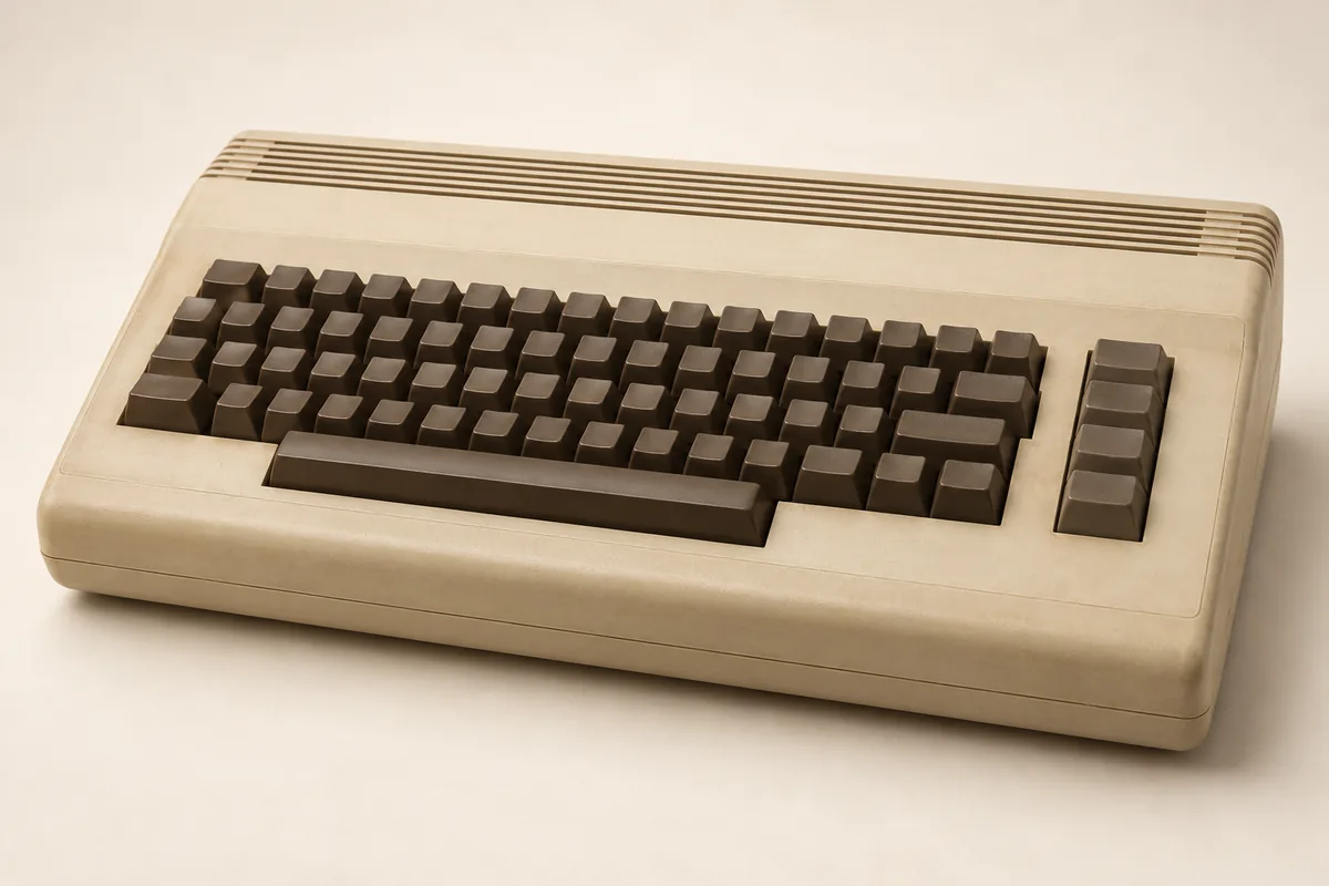 Illustration éditoriale évoquant : Commodore 64 beige avec clavier intégré, vu de trois quarts