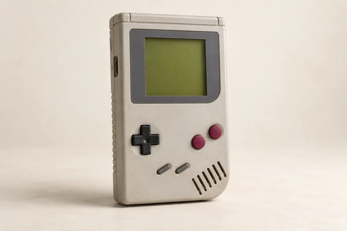 Illustration éditoriale évoquant : Game Boy original gris avec écran monochrome, croix directionnelle et boutons roses