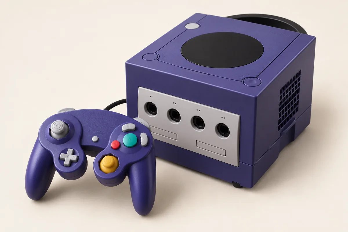 Illustration éditoriale évoquant : GameCube violette avec poignée et manette assortie