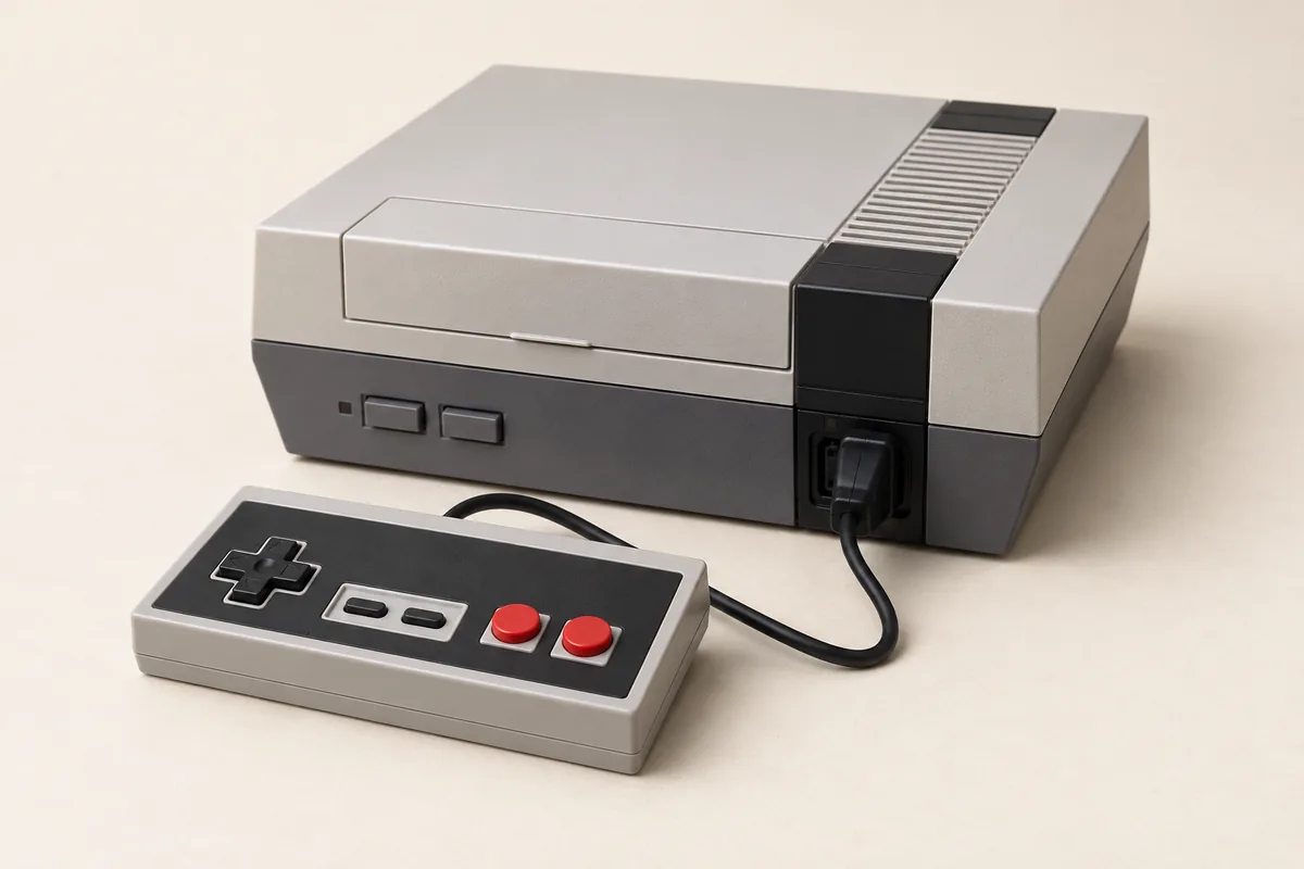 Illustration éditoriale évoquant : Console NES à chargement frontal accompagnée de sa manette rectangulaire