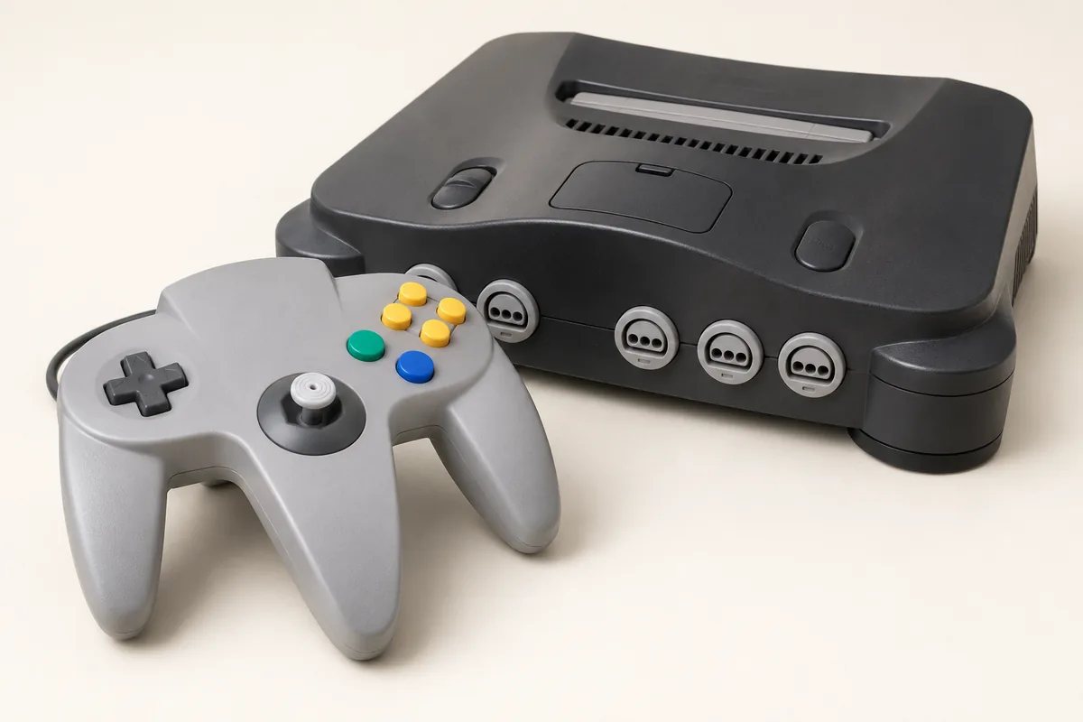 Illustration éditoriale évoquant : Nintendo 64 noire et manette grise à trois branches