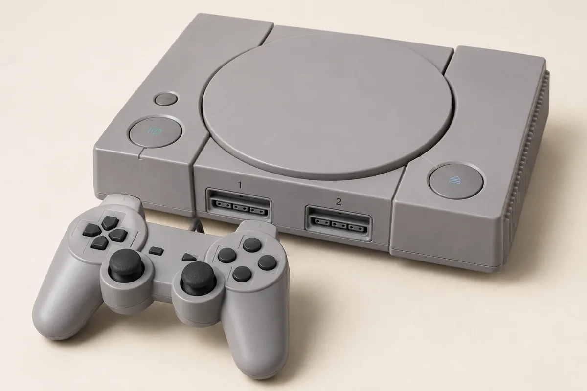 Illustration éditoriale évoquant : PlayStation grise accompagnée d’une manette à sticks analogiques