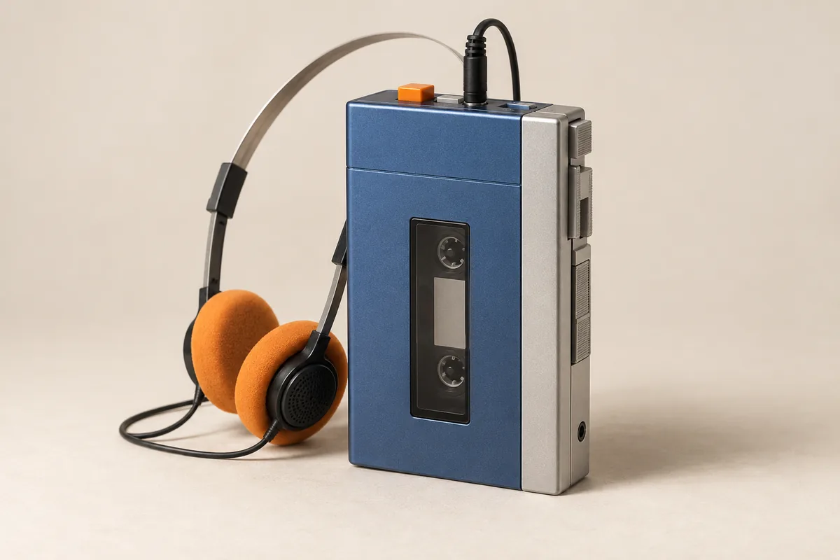 Illustration éditoriale évoquant : Baladeur à cassette Sony TPS-L2 bleu et argent, vu de trois quarts