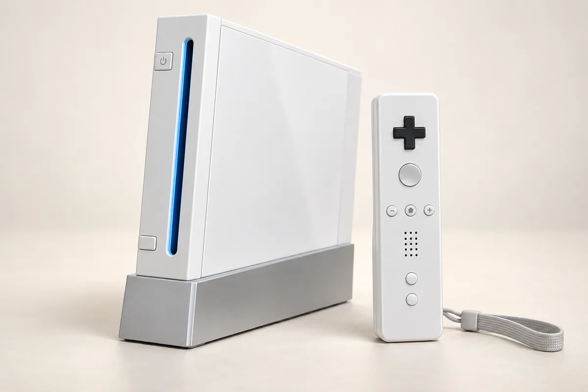 Illustration éditoriale évoquant : Wii blanche sur un socle avec une télécommande Wii