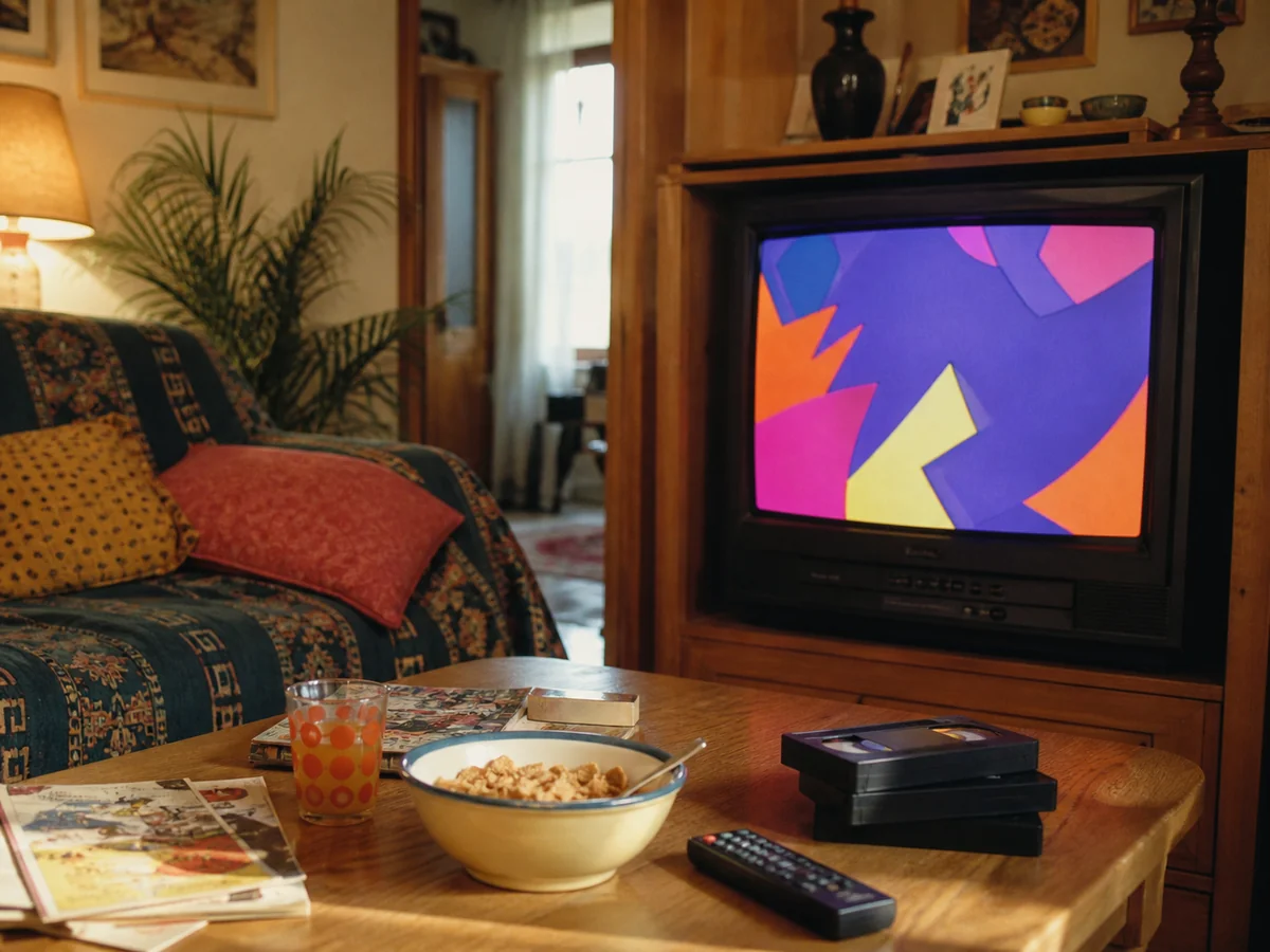 Illustration éditoriale : Téléviseur cathodique, cassettes vidéo et bol de céréales dans un salon des années 1990